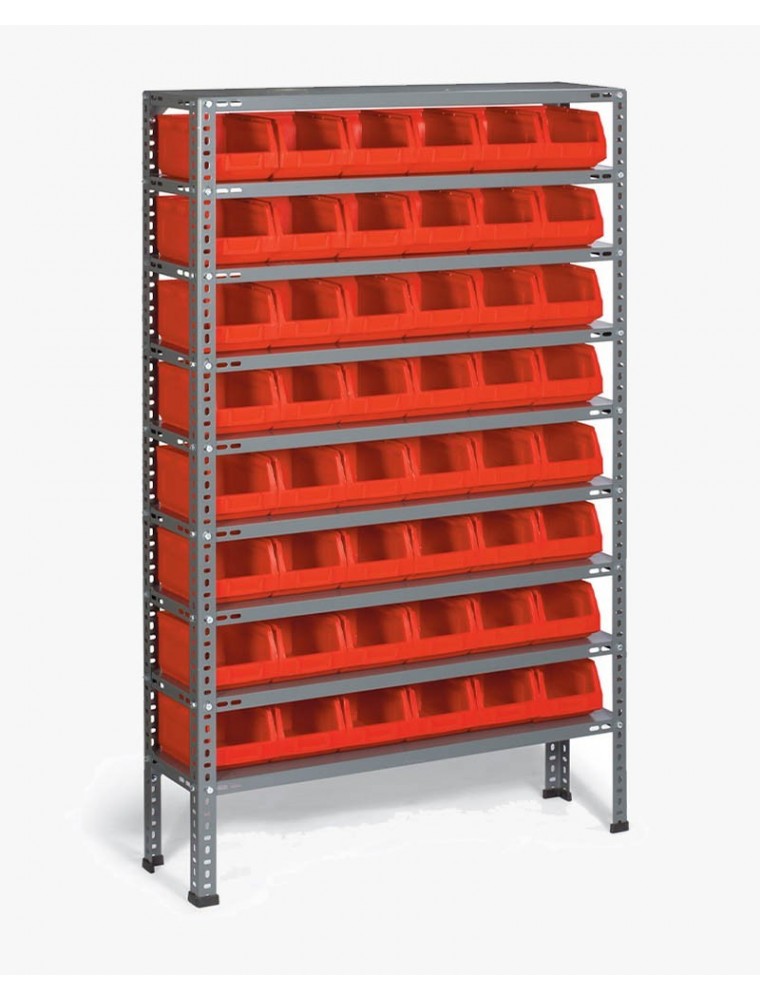 Etagère acier à monter - 9 tablettes - 48 bacs de 4 Litres - rouge