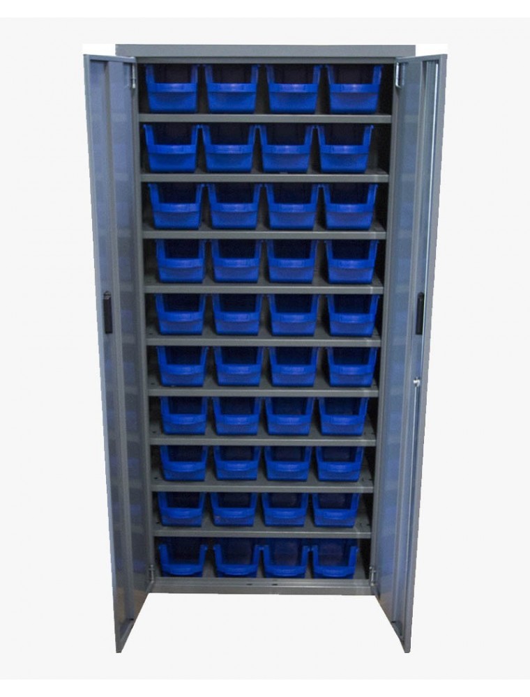 Armoire 2 portes - 9 tablettes - 40 bacs de 4 litres - bleu