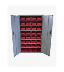 Armoire 2 portes - 7 tablettes - 32 bacs de 10 litres - rouge