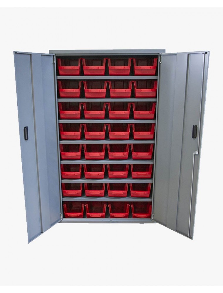 Armoire 2 portes - 7 tablettes - 32 bacs de 10 litres - rouge
