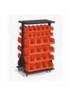 Rack acier double face sur roulettes + 24 bacs 1L + 32 bacs 4L rouge