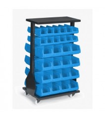 Rack acier double face sur roulettes + 24 bacs 1L + 32 bacs 4L bleu