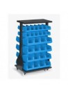 Rack acier double face sur roulettes + 24 bacs 1L + 32 bacs 4L bleu