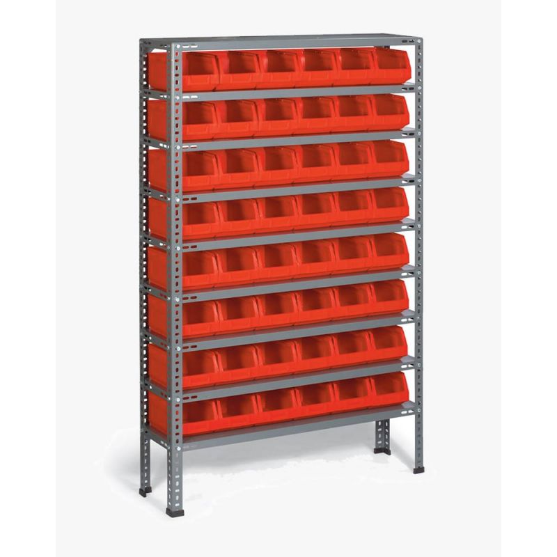 Etagère acier à monter - 8 tablettes - 28 bacs de 10 Litres - rouge